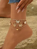 Set of 4 Boho Anklets for Women, Multi-Layer Beaded Anklet Set with Butterfly