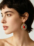 2-piece retro Bohemian style geometric shape circular women's hanging earrings with colorful gemston