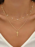 Golden Layered Pearl Cross Necklace — Exquisite Multi-Tiered Cultured Pearl Necklace for Women,