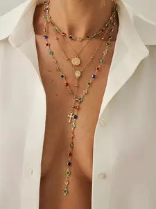 4-piece Bohemian Multi Layer Colored Gemstone Necklace | Y2K Cross Long Pendant Necklace Set Suitable